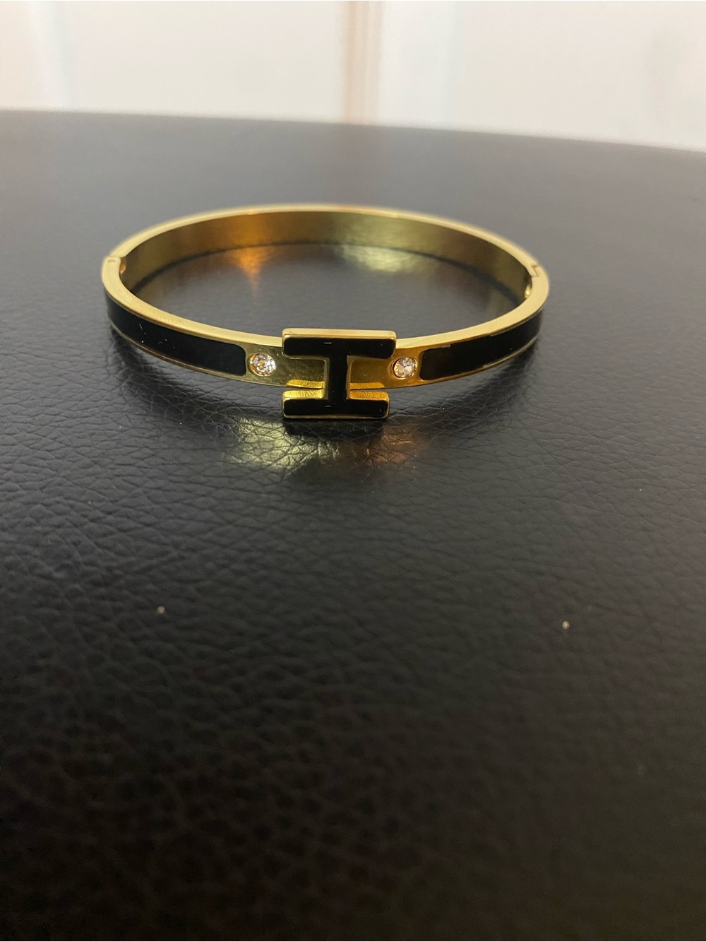 Gold and Black H-Accent Women's Bangle Stainless Steel Bracelet- Designer Style - Picture 3 of 3